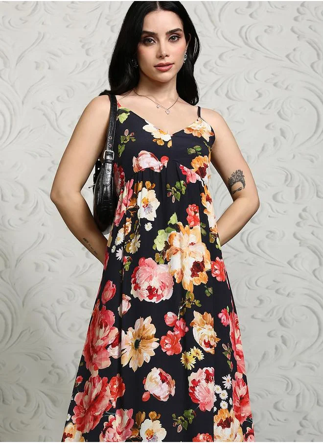 Vishudh Vishudh Women Floral Printed Strappy A-Line Maxi Dress with Smocked Back