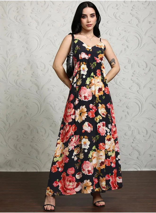 Vishudh Vishudh Women Floral Printed Strappy A-Line Maxi Dress with Smocked Back