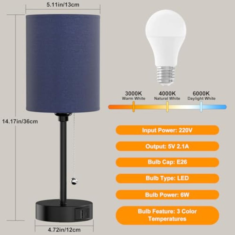 Table lamp for Bedroom, 3 Color Temperatures Bedside Lamps with USB C and A Ports, Pull Chain Table Lamps, Nightstand Lamps with Black Metal Base for Reading - Image 5