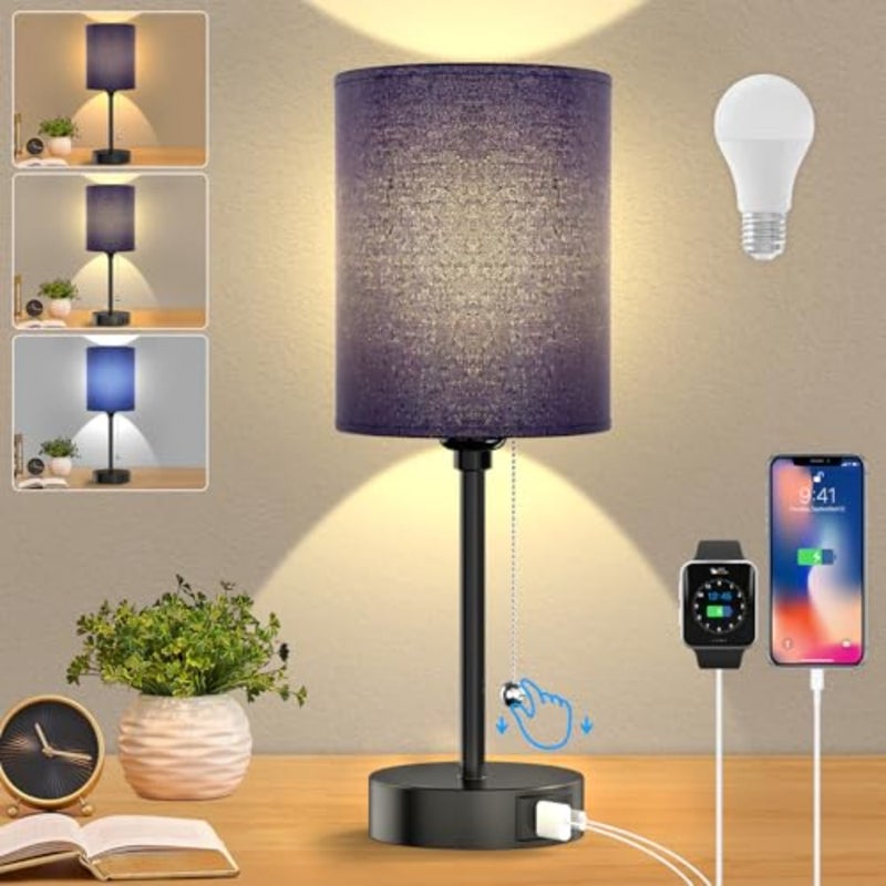Table lamp for Bedroom, 3 Color Temperatures Bedside Lamps with USB C and A Ports, Pull Chain Table Lamps, Nightstand Lamps with Black Metal Base for Reading - Image 2