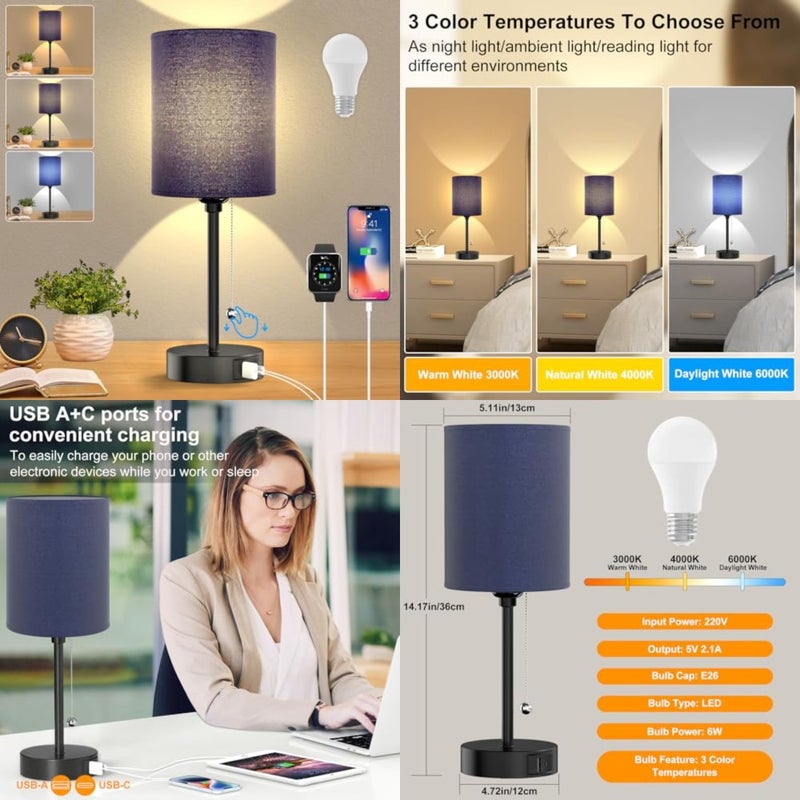 Table lamp for Bedroom, 3 Color Temperatures Bedside Lamps with USB C and A Ports, Pull Chain Table Lamps, Nightstand Lamps with Black Metal Base for Reading - Image 1