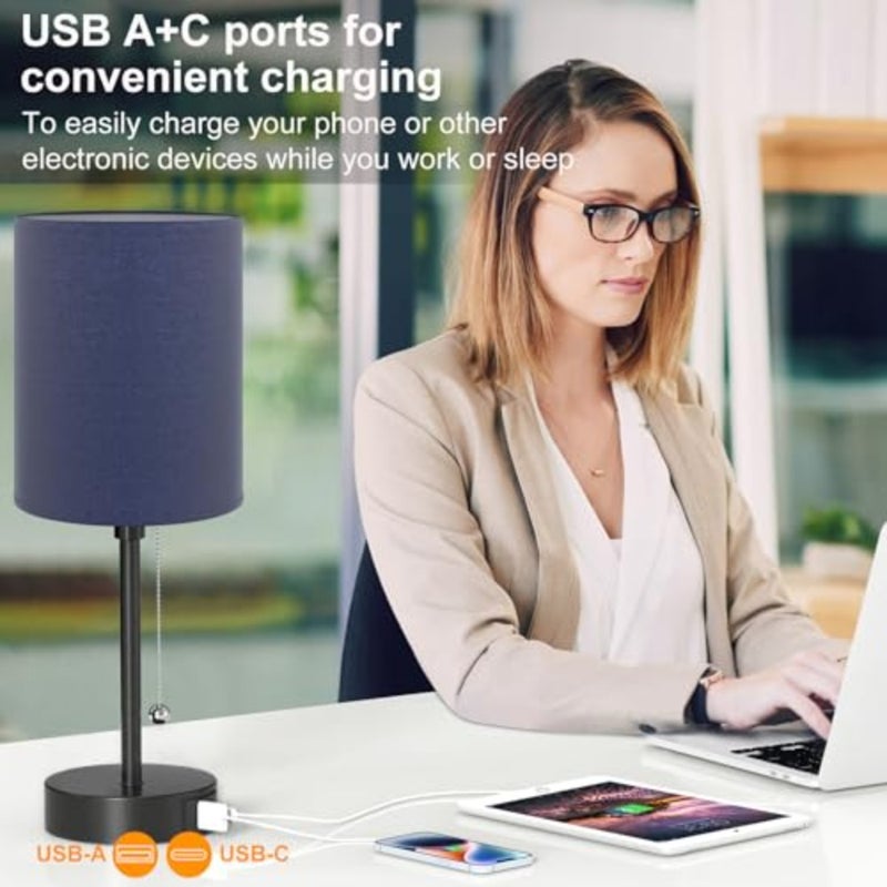 Table lamp for Bedroom, 3 Color Temperatures Bedside Lamps with USB C and A Ports, Pull Chain Table Lamps, Nightstand Lamps with Black Metal Base for Reading - Image 4