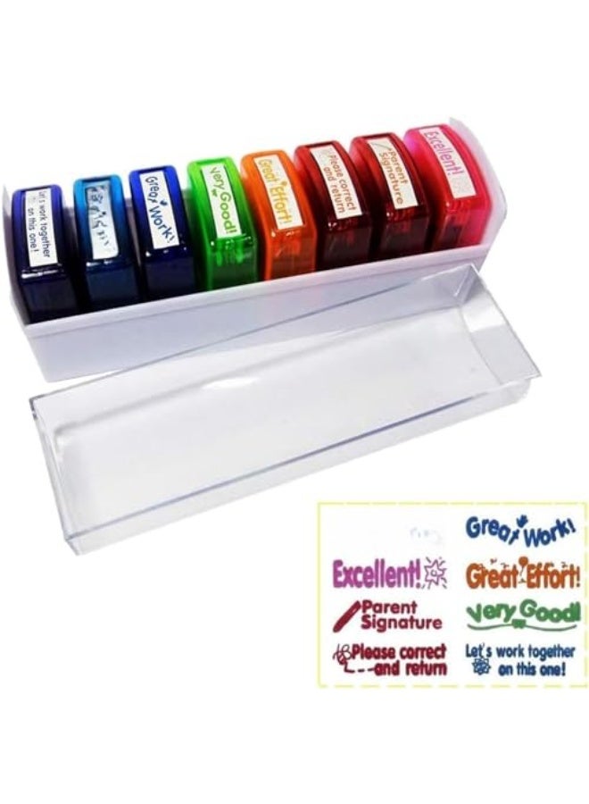 LAMAY 8pcs 5×2×6cm Teacher Stamp Set Self-Inking Motivation School Classroom Teacher Grading Stamp Set and Tray for Homework School Classroom - Image 1