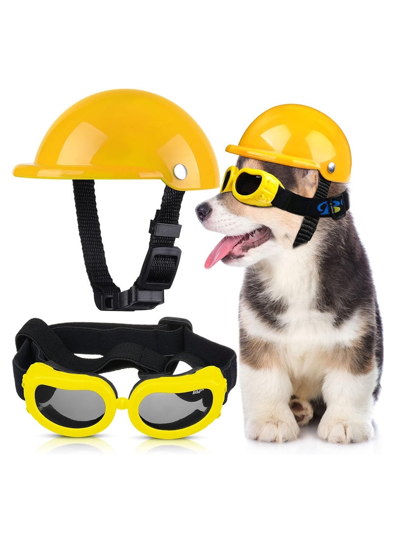 KASTWAVE 2Pcs Dog Helmet and Goggles, 4 Inch Padded Pet Motorcycle Helmet, Dog Sunglasses, Pet Outdoor Sun Protection Visor Hat, Pet UV Protection, Safety Pet Cap, Adorable Puppy Goggles, Yellow - Image 1