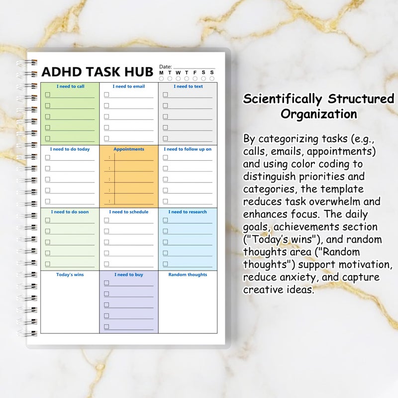 snootion ADHD Planner for Focus & Productivity: Task Management Hub with Color-Coded Sections for Calls, Emails, To-Dos, Appointments & More. Reduce Overwhelm. A5, Durable Cover, 100gsm Paper, Spiral Bound - Image 3