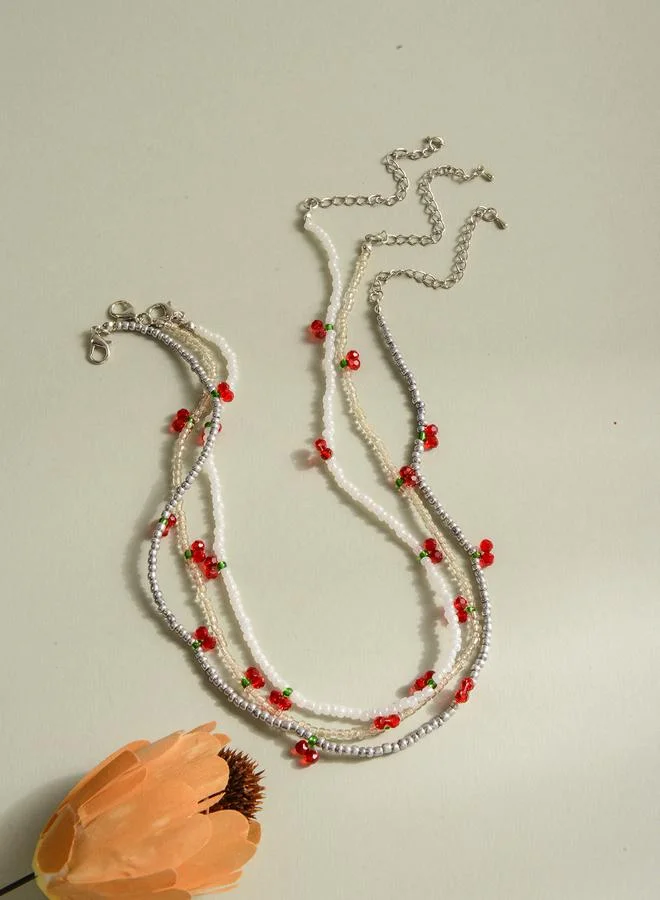 تايك تو Set of 3 - Cherry Charm Beaded Necklace