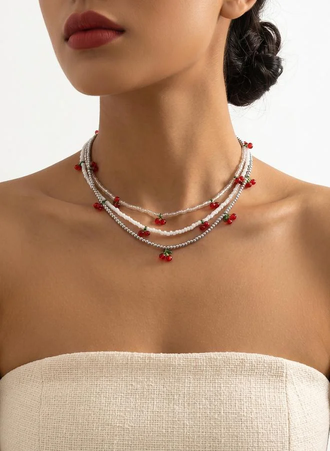 تايك تو Set of 3 - Cherry Charm Beaded Necklace