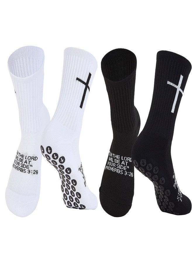 Bodoniy 2 Pairs Cross Grip Soccer Socks Non-Slip Sports Sock with Bible Verse, Jesus Christian Socks for Football, US 6-13 - Image 1