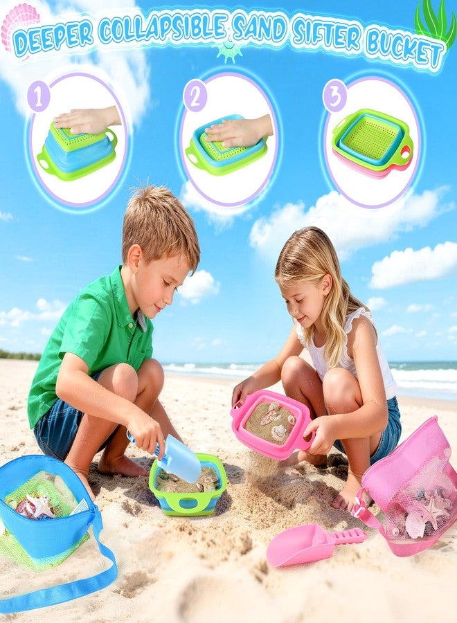 EULRGAUS Beach Toys, 6 PCS Sand Sifter for The Beach, Sand Toys with 2 Collapsible Sand Sifters Sieve, 2 Beach Shovels, 2 Mesh Beach Bags, Shark Tooth Sifter & Shell Collecting for kids Boys and Girls - Image 2