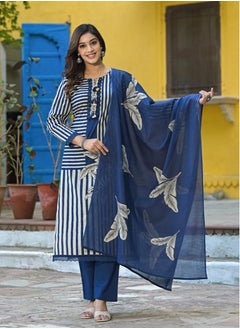 PRIYA’S PANACHE Dark Blue Digital Printed Pure Cotton Straight Kurta Set with Dupatta & Pants | Ethnic Wear for Women | Indian Dress | Ready to Wear Salwar Kameez  - Image 1