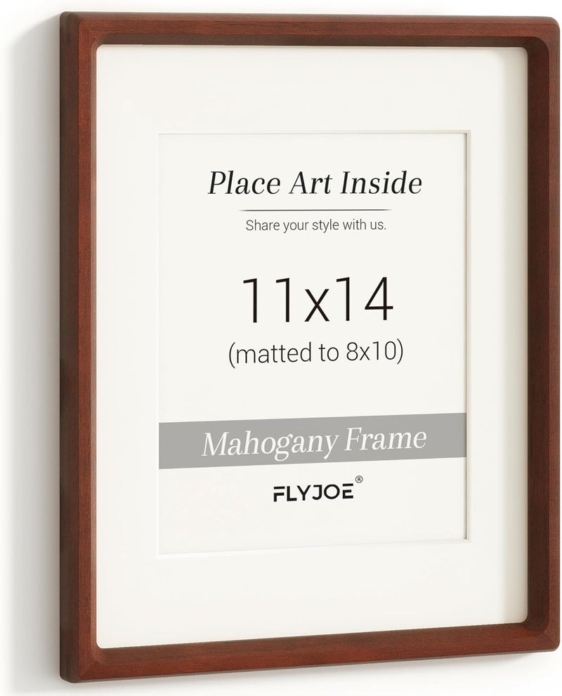 FLYJOE 11x14 Picture Frame, USA-Sourced Natural Mahogany Wood Photo Frame with Tempered Glass, Handcrafted Rounded Corner 11 x 14 Wooden Frame Matted to 8x10 Photos, Hanging Hooks Included - Image 1