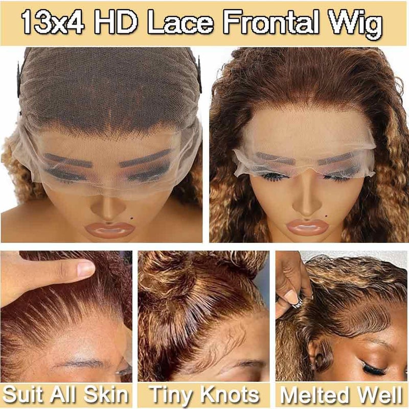 WPPIKK Highlight Lace Front Wig Human Hair 180 Density Brazilian Wet and Wavy Human Hair Wigs for Black Women Curly P4/27 Colored 13x4 Lace Frontal Wig (P4/27 Highlight Color, 22 Inch) - Image 4
