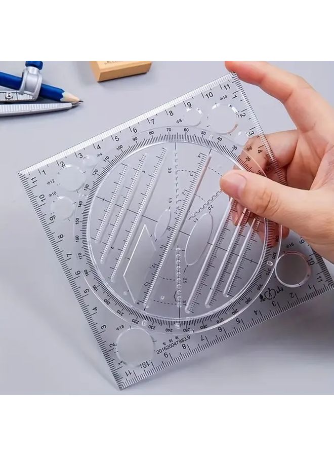 مسطرة متعددة الوظائف زرقاء شفافة دوارة مع قاعدة 360 درجة للدوائر والأشكال البيضاوية والأشكال الهندسية - Image 1