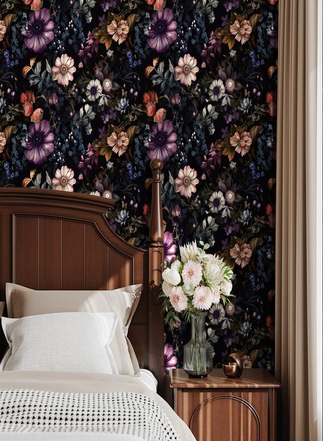 ReWallpaper ورق حائط ReWallpaper Moody Floral Wallpaper قابل للتقشير واللصق، ورق حائط داكن عتيق لغرفة النوم، ورق حائط ذاتي اللصق بنقشة الأزهار الداكنة، ديكور بوهو ديزي، ملصقات حائط على شكل زهرة الفاوانيا لغرفة المعيشة، 17.5 بوصة × 10 أقدام - Image 3