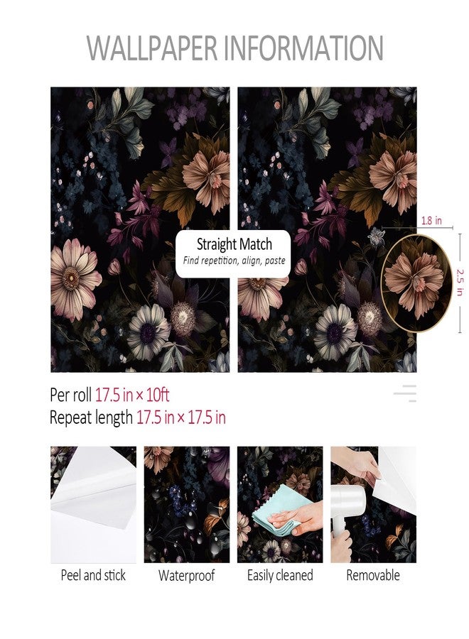 ReWallpaper ورق حائط ReWallpaper Moody Floral Wallpaper قابل للتقشير واللصق، ورق حائط داكن عتيق لغرفة النوم، ورق حائط ذاتي اللصق بنقشة الأزهار الداكنة، ديكور بوهو ديزي، ملصقات حائط على شكل زهرة الفاوانيا لغرفة المعيشة، 17.5 بوصة × 10 أقدام - Image 5