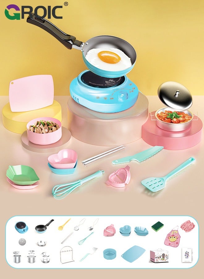 GROIC 28PCS Kid Cooking Set,Montessori Kitchen Tools,Utensils includes Stove Burner Aprons Cooking Tool for Real Food Making,Play Food Set for Kids Kitchen,Play Kitchen Appliances(Blue) - Image 1