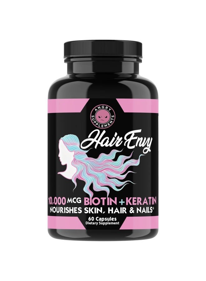 Angry Supplements كبسولات هير إنفي 10,000 ميكروغرام بيوتين + كيراتين، تنمو وترطب الشعر، تقوي وتثخن الأظافر، بشرة صافية – علاج طبيعي للشعر التالف والرقيق، (1-زجاجة، 60 حبة) - Image 1