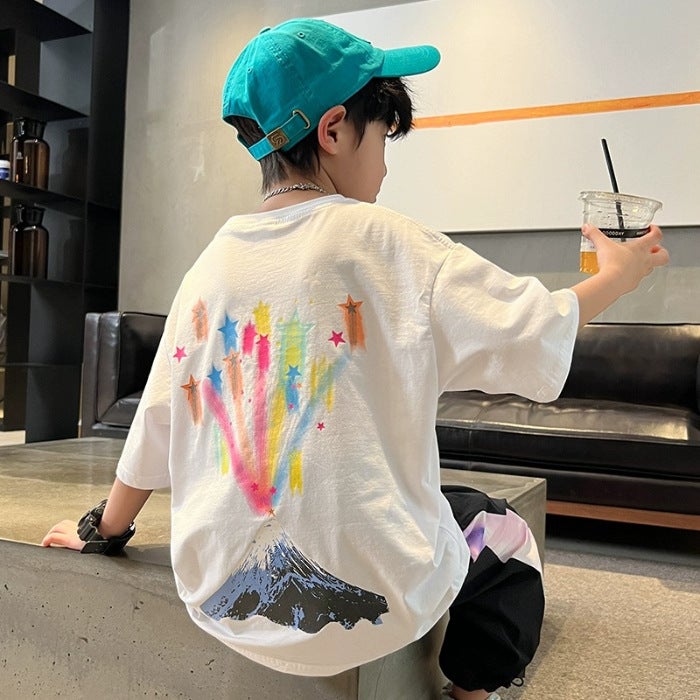 Summer Boys' Short-Sleeve T-Shirt, Children'S Loose Half-Sleeve Trendy Pure Cotton Top For Older Kids, 2026 New Loose Letter Print Shirt - Image 1