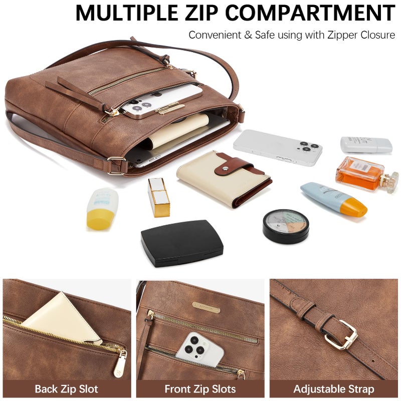 BOSTANTEN Crossbody Bags for Women Trendy Vegan Leather Purse Designer Shoulder Handbags with Adjustable Strap Zipper Pocket Brown - Image 4
