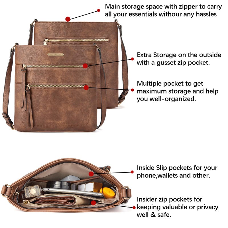 BOSTANTEN Crossbody Bags for Women Trendy Vegan Leather Purse Designer Shoulder Handbags with Adjustable Strap Zipper Pocket Brown - Image 5