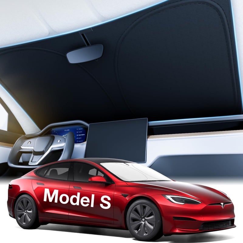 2025 Upgraded Accessories Tesla Model S Windshield Sunshade Ice Shield Tech Fabric 100 Sun Blockage Foldable Heat Insulation Sunshade with Storage Bag for Tesla Model S 20162024 Silver Coating