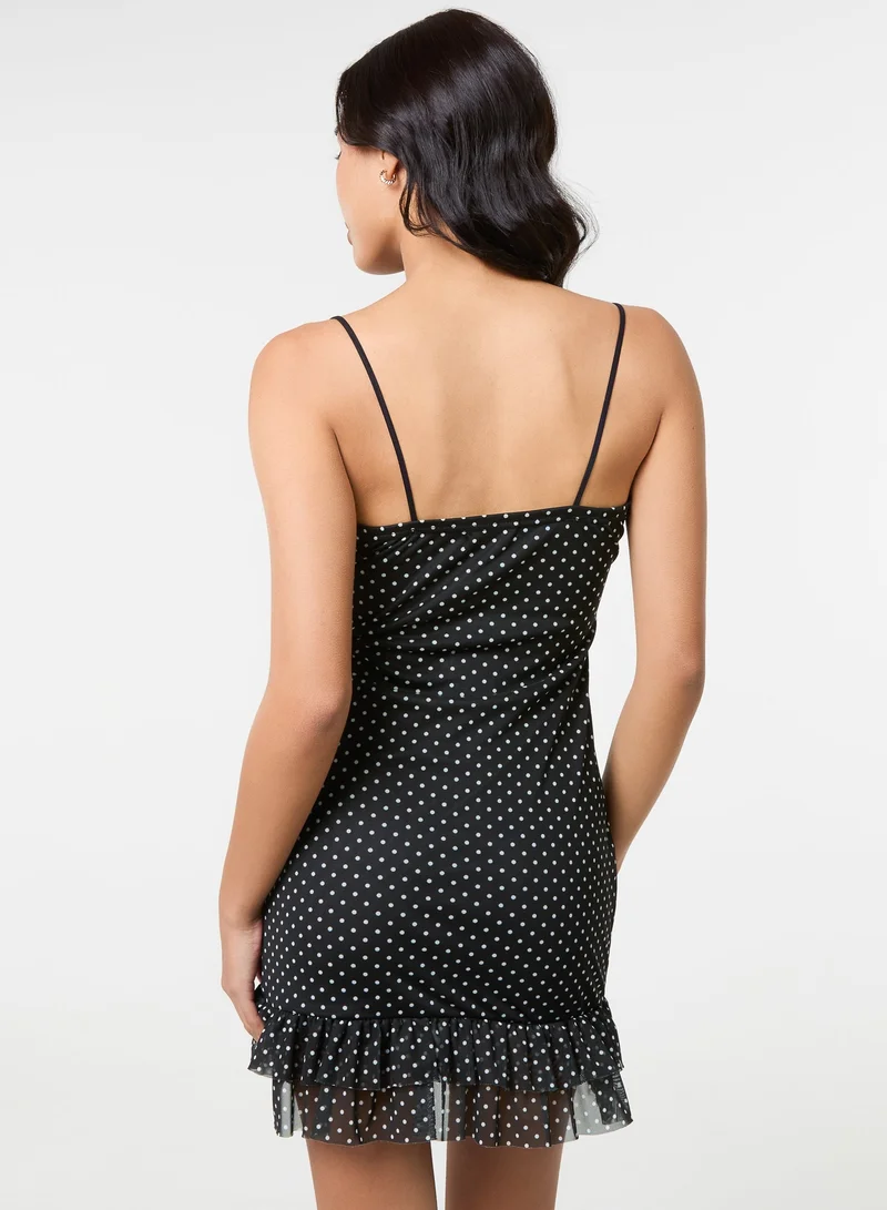 بينك فانيلا فستان قصير بنقاط بولكا وأكمام شبكية