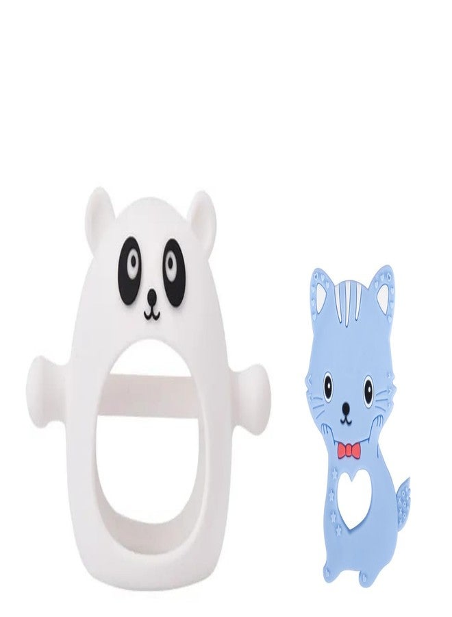 Rukan 2-Pack Silicone Baby Teether Ring Never Drop Teething Toys Cat Multi-Textured Soft Infant Teethers for 3 6 9 12 Months, Easy-Grip Sensory Toy (White & Blue) - Image 1