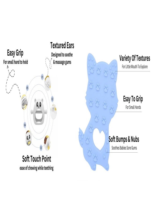 Rukan 2-Pack Silicone Baby Teether Ring Never Drop Teething Toys Cat Multi-Textured Soft Infant Teethers for 3 6 9 12 Months, Easy-Grip Sensory Toy (White & Blue) - Image 2