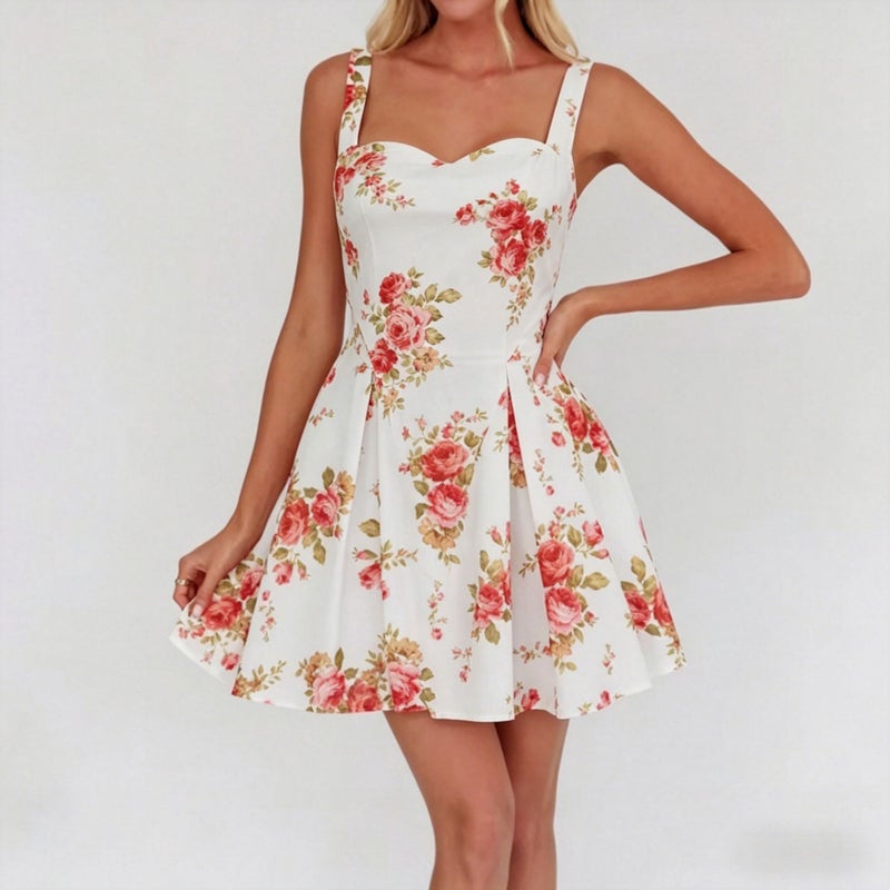 Summer Rose Print Square Neck A-Line Dress - Image 1
