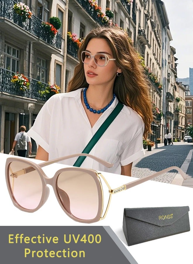 roaiss Women's Square Sunglasses, UV400 Protection Sun Glasses with Rhinestone-Encrusted Frame, Oversize Fashion Anti-glare Sun Shades for Women with Glasses Case, 56mm, Pink Brown - Image 1