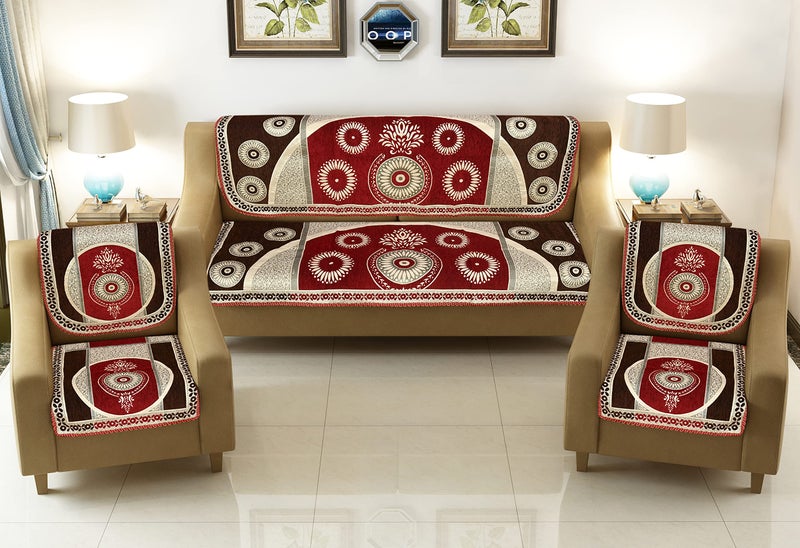 Jayvaam Sawna Homes Chenille Sofa Cover Set 5 Seater Living Room - 3 Seater & 2 Seater Sofa Slip Covers Home - Premium Furniture Protector Panels Sofa Couch Office, 10 Piece, Coffee Maroon - Image 1