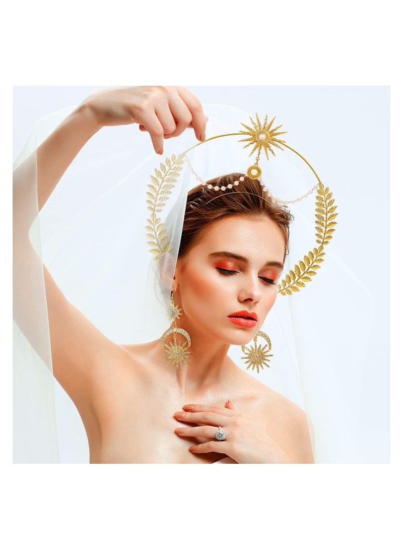 إسكدنيا Halo Crown Moon Stars Crown Halo Headband Crown Celestial Headband Tiaras Crowns for Women Wedding Bridal Prom Tiara with Star Earrings Dangle - Image 3