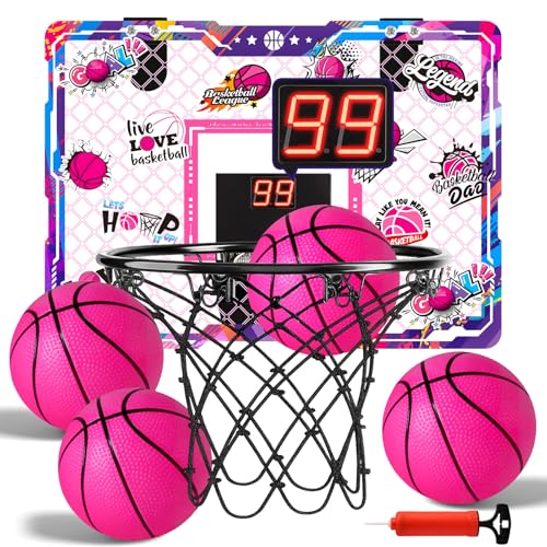 LovesTown Pink Indoor Mini Basketball Hoop for Girls Ages 412 Over The Door Hoop with LED Lights Electronic Scoreboard 4 Balls DIY Stickers Sports Toys for Family Game Night - Image 1