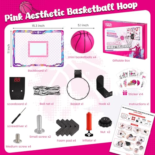 LovesTown Pink Indoor Mini Basketball Hoop for Girls Ages 412 Over The Door Hoop with LED Lights Electronic Scoreboard 4 Balls DIY Stickers Sports Toys for Family Game Night - Image 5