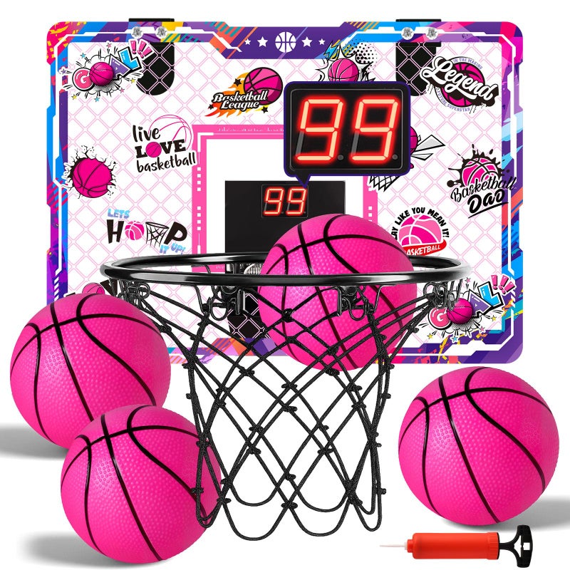 LovesTown Pink Indoor Mini Basketball Hoop for Girls Ages 412 Over The Door Hoop with LED Lights Electronic Scoreboard 4 Balls DIY Stickers Sports Toys for Family Game Night - Image 3