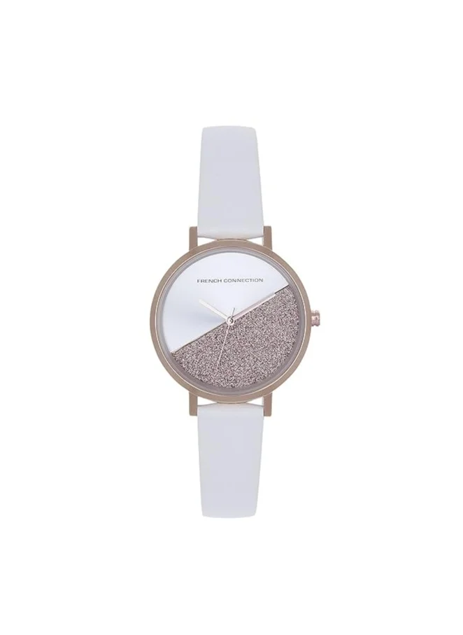 French Connection Women's Analog Watch with White Leather Strap, Rose Gold Case