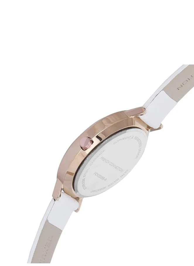 French Connection Women's Analog Watch with White Leather Strap, Rose Gold Case