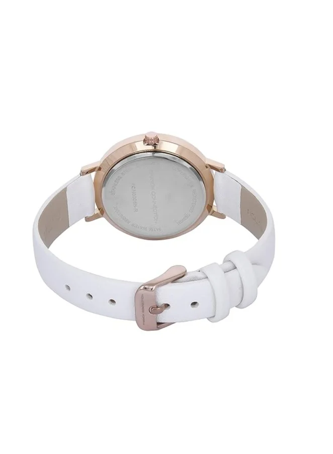 French Connection Women's Analog Watch with White Leather Strap, Rose Gold Case