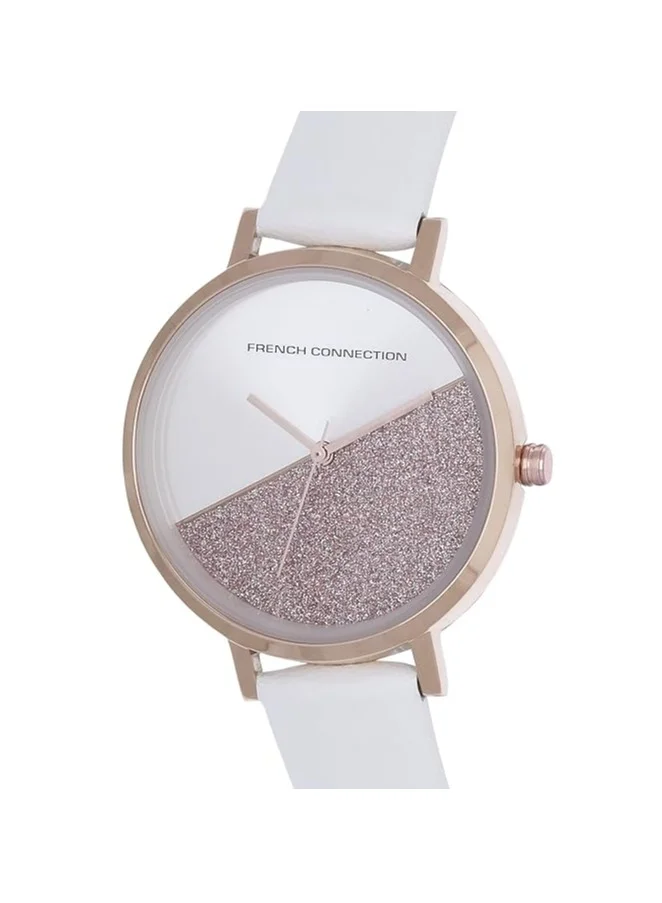 French Connection Women's Analog Watch with White Leather Strap, Rose Gold Case