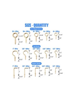 Glarks Glarks 213-Pieces Brass Plated Screw Eyes & Screw-in Ceiling Cups Hooks & Square Bend Hooks Assortment Set Kit for Hanging  - Image 2