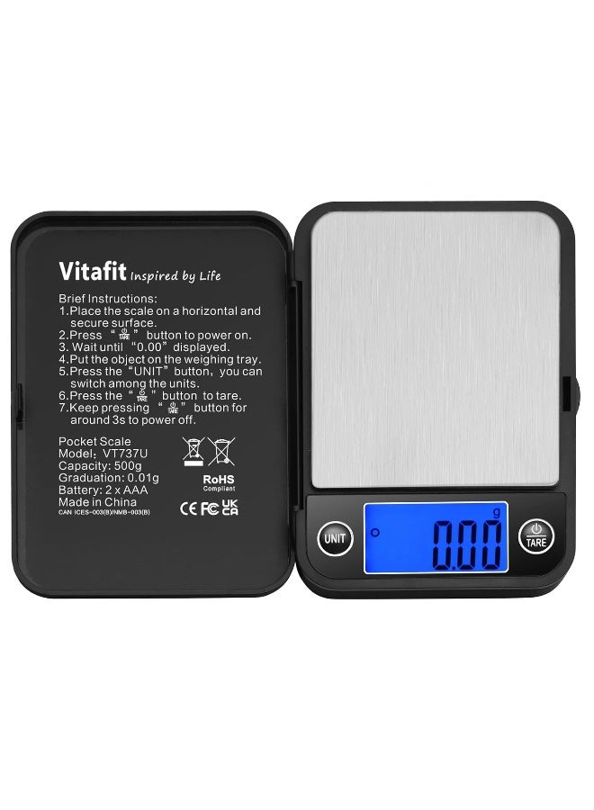 Vitafit 500g Digital Pocket Gram Scale 0.01g Accuracy, Weighing Professional Since 2001, High Precision Scale Grams for: Lab, Food, Kitchen, Coffee, Jewelry; Black - Image 1