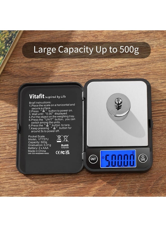 Vitafit 500g Digital Pocket Gram Scale 0.01g Accuracy, Weighing Professional Since 2001, High Precision Scale Grams for: Lab, Food, Kitchen, Coffee, Jewelry; Black - Image 3