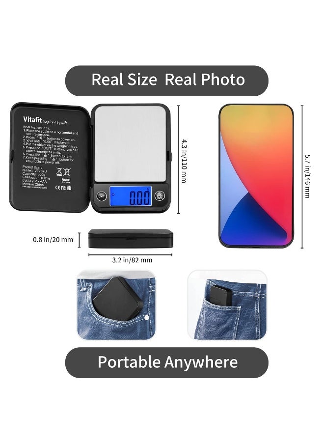 Vitafit 500g Digital Pocket Gram Scale 0.01g Accuracy, Weighing Professional Since 2001, High Precision Scale Grams for: Lab, Food, Kitchen, Coffee, Jewelry; Black - Image 2