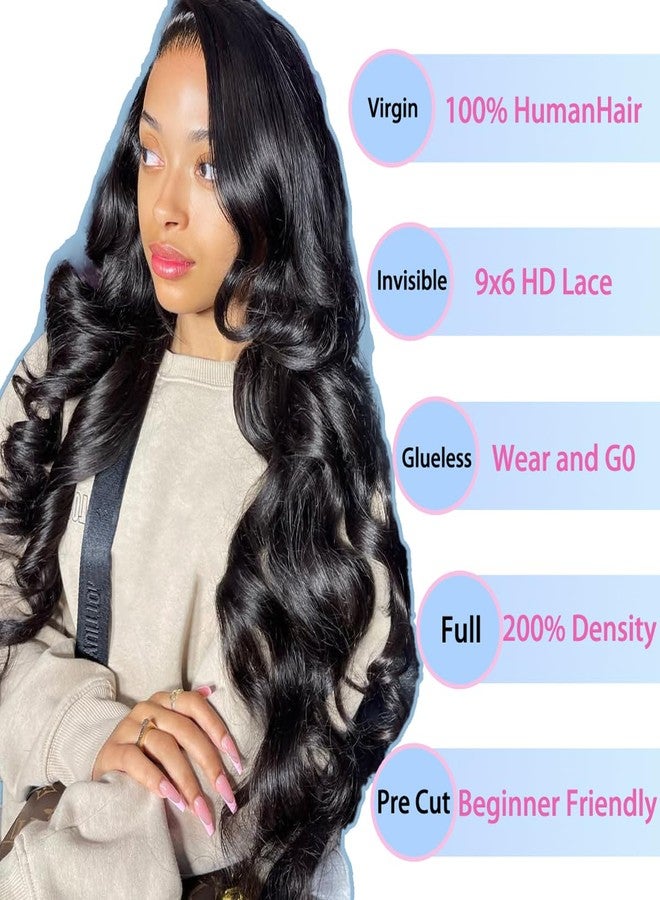 SHOWJARLLY 22 Inch Wear and Go Glueless Wigs Human Hair Pre Cut 9x6 HD Lace Closure Wigs Human Hair 200% Density Glueless Body Wave Lace Front Wigs Human Hair Natural Black (Small Cap Wig 21.5"-22.5") - Image 4