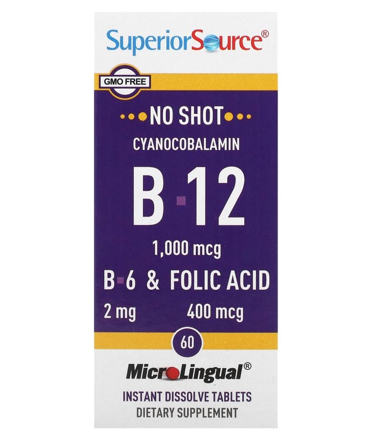 Superior Source Cyanocobalamin & B-12 &  B-6 & Folic Acid 1000 mcg & 2 mg & 400 mcg 60 MicroLingual Instant Dissolve Tablets