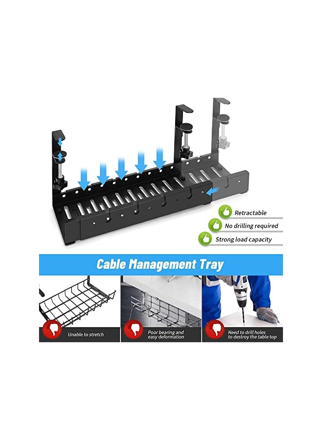 PROMASS صينية إدارة كابلات المكتب، منظم كابلات قابل للتعديل، منظم كابلات تحت المكتب بنظام تثبيت بالمشبك لإدارة الأسلاك، حامل كابلات معدني للمكاتب، لا حاجة لحفر ثقوب - Image 3