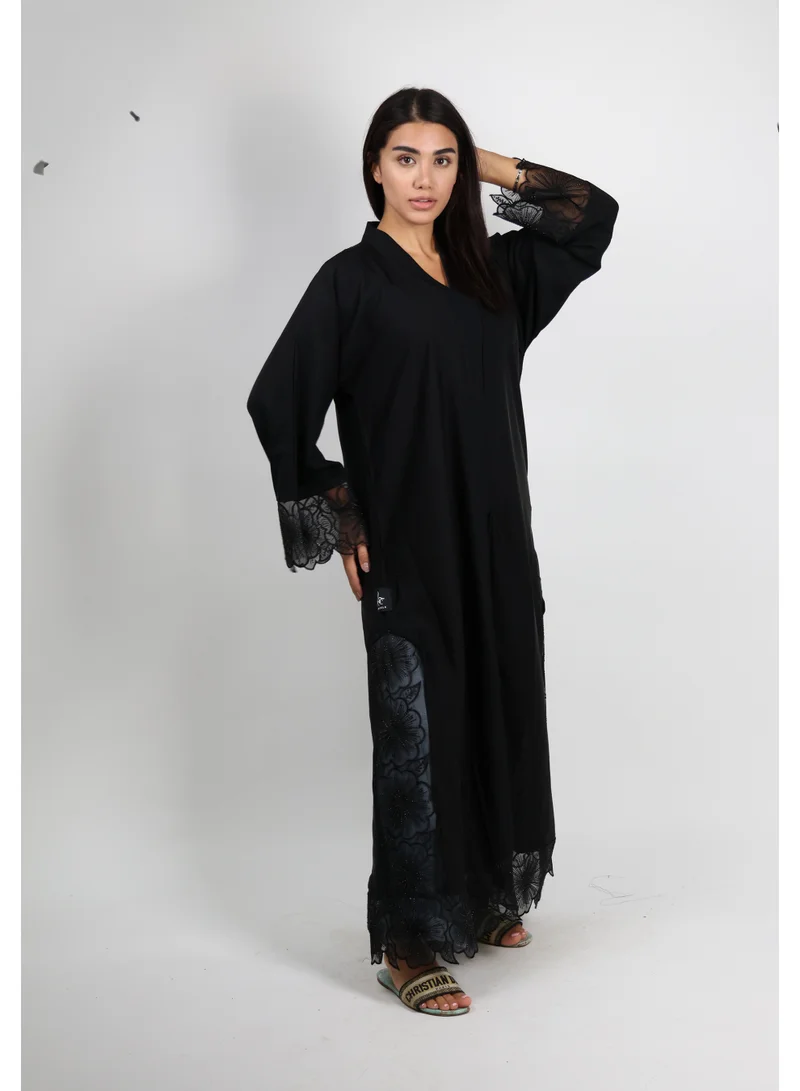 JAMEELA  Jet Black Open Abaya With Floral Lace Sleeve 3 pieces Set for Women | Best Price UAE