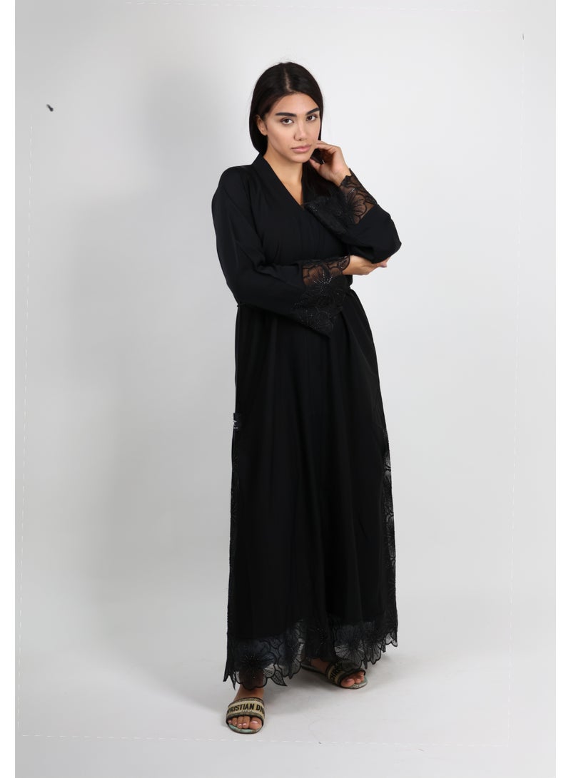 JAMEELA Jet Black Open Abaya With Floral Lace Sleeve 3 pieces Set - Image 1