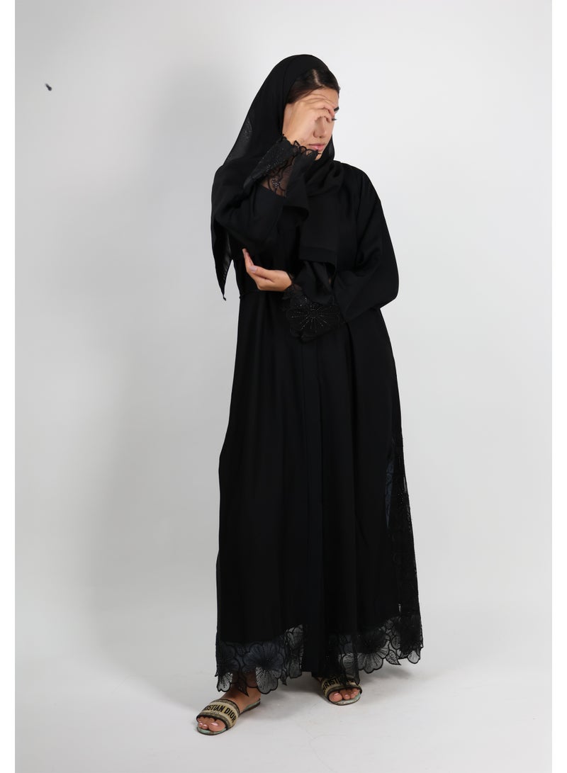 JAMEELA Jet Black Open Abaya With Floral Lace Sleeve 3 pieces Set - Image 2