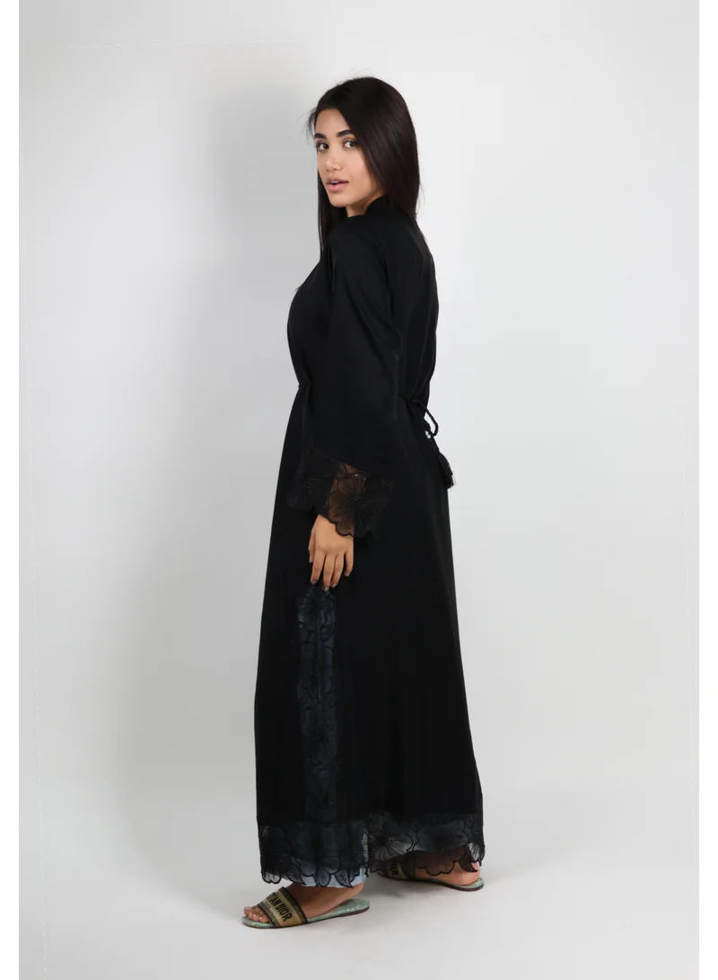 JAMEELA  Jet Black Open Abaya With Floral Lace Sleeve 3 pieces Set for Women | Best Price UAE